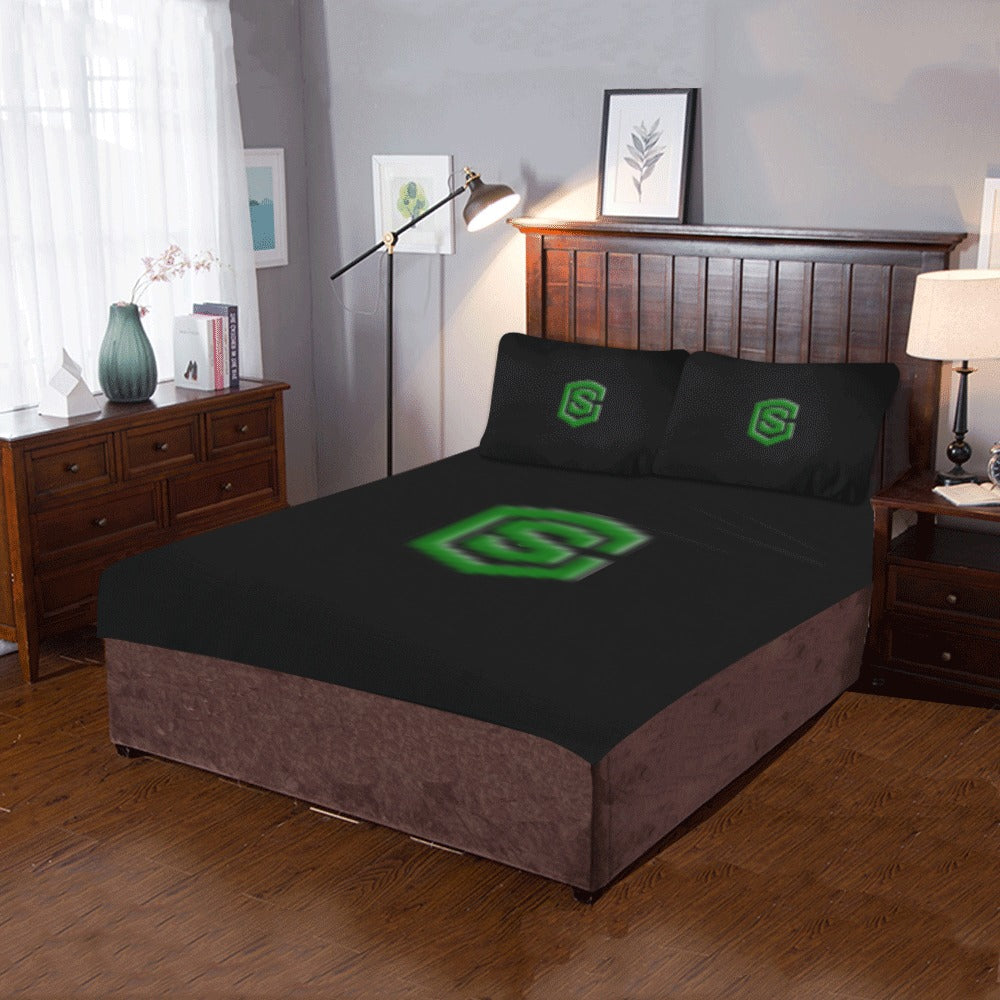 Black 3-Piece Bedding Set (1 Duvet Cover 86"x70"; 2 Pillowcases 20"x30")(One Side) wtih Green Logo 3-Piece Bedding Set (1 Duvet Cover 86"x70"; 2 Pillowcases 20"x30")(One Side)