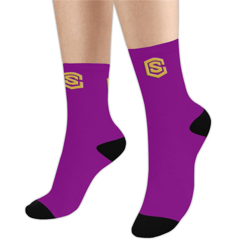 Purple Sublimated Crew Socks (Made In USA) with Gold Logo Sublimated Crew Socks (Made In USA)