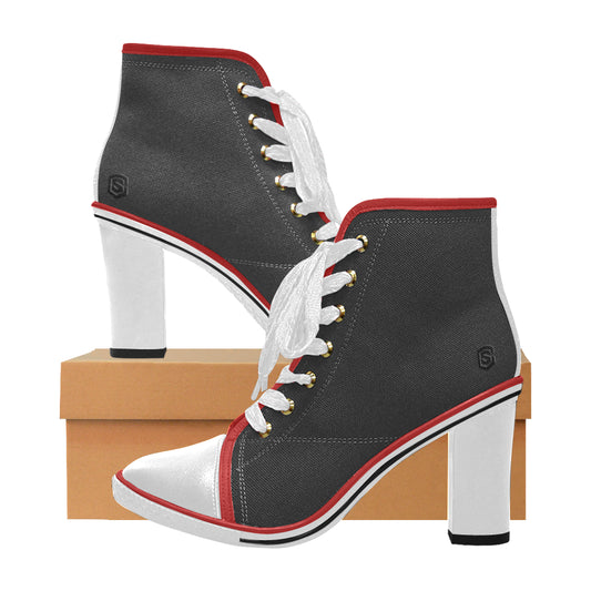 black logo Women's Lace Up Chunky Heel Ankle Booties (Model 054)