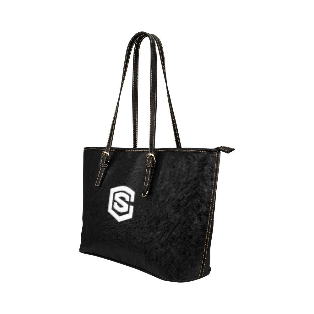 BLACK Leather Tote Bag WITH WHITE LOGO Leather Tote Bag (Model 1651) (Big)