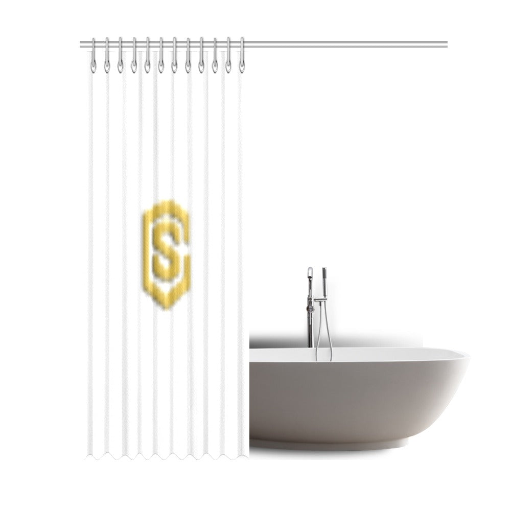 White Shower Curtain 69"x84" with Gold Logo Shower Curtain 69"x84"
