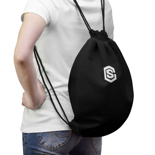 Black Drawstring Bag White logo