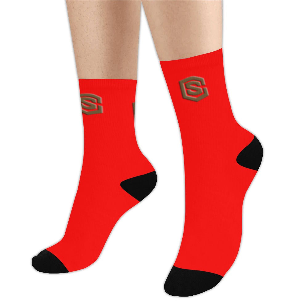 Red Sublimated Crew Socks (Made In USA) with Brown Logo Sublimated Crew Socks (Made In USA)