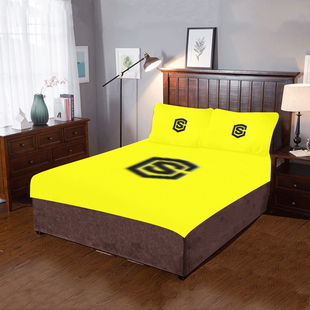 Yellow 3-Piece Bedding Set (1 Duvet Cover 86"x70"; 2 Pillowcases 20"x30")(One Side) wtih Black Logo 3-Piece Bedding Set (1 Duvet Cover 86"x70"; 2 Pillowcases 20"x30")(One Side)