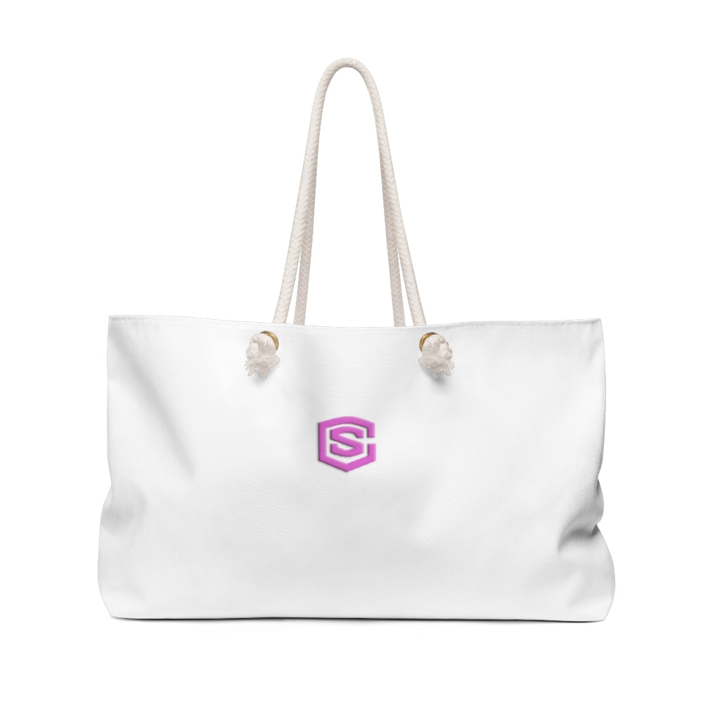 White Weekender Bag Pink Logo