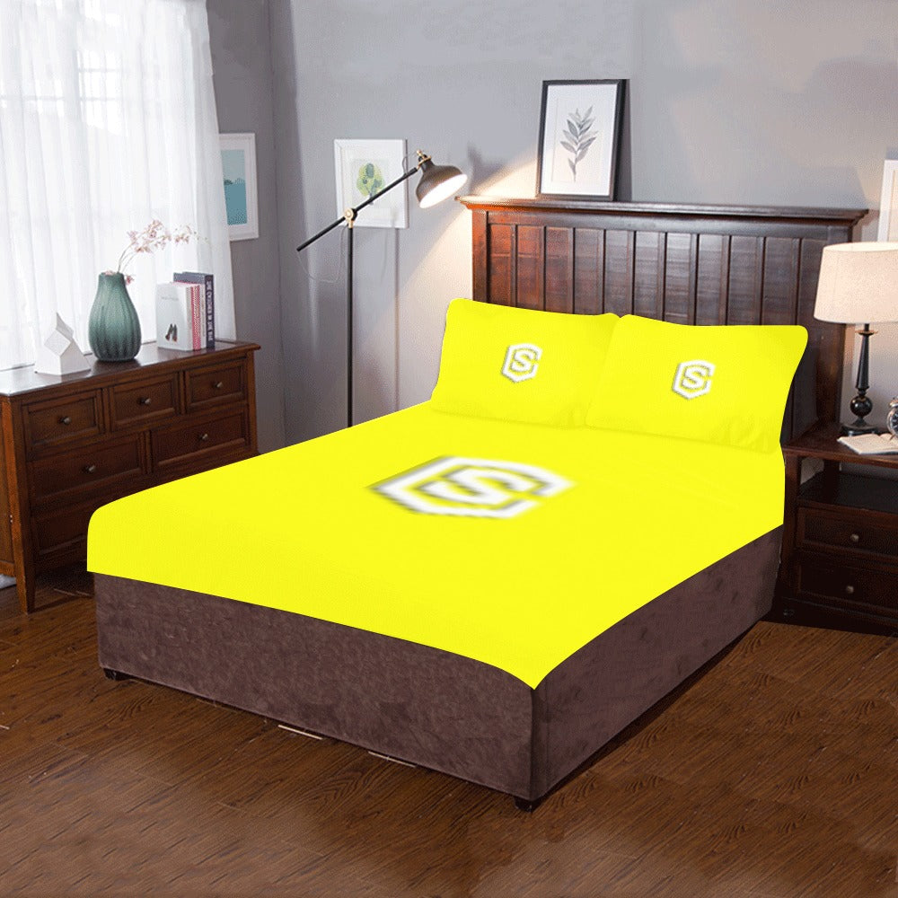 Yellow 3-Piece Bedding Set (1 Duvet Cover 86"x70"; 2 Pillowcases 20"x30")(One Side) wtih White Logo 3-Piece Bedding Set (1 Duvet Cover 86"x70"; 2 Pillowcases 20"x30")(One Side)