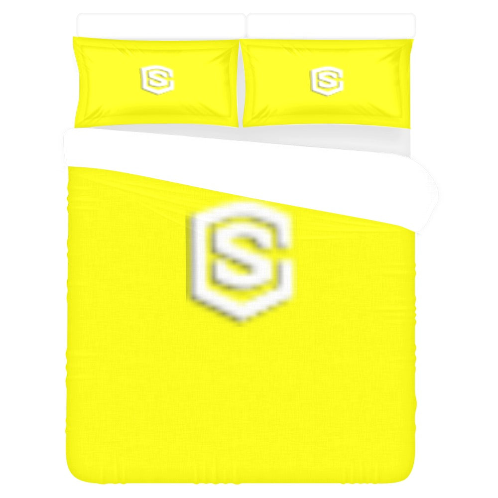 Yellow 3-Piece Bedding Set (1 Duvet Cover 86"x70"; 2 Pillowcases 20"x30")(One Side) wtih White Logo 3-Piece Bedding Set (1 Duvet Cover 86"x70"; 2 Pillowcases 20"x30")(One Side)