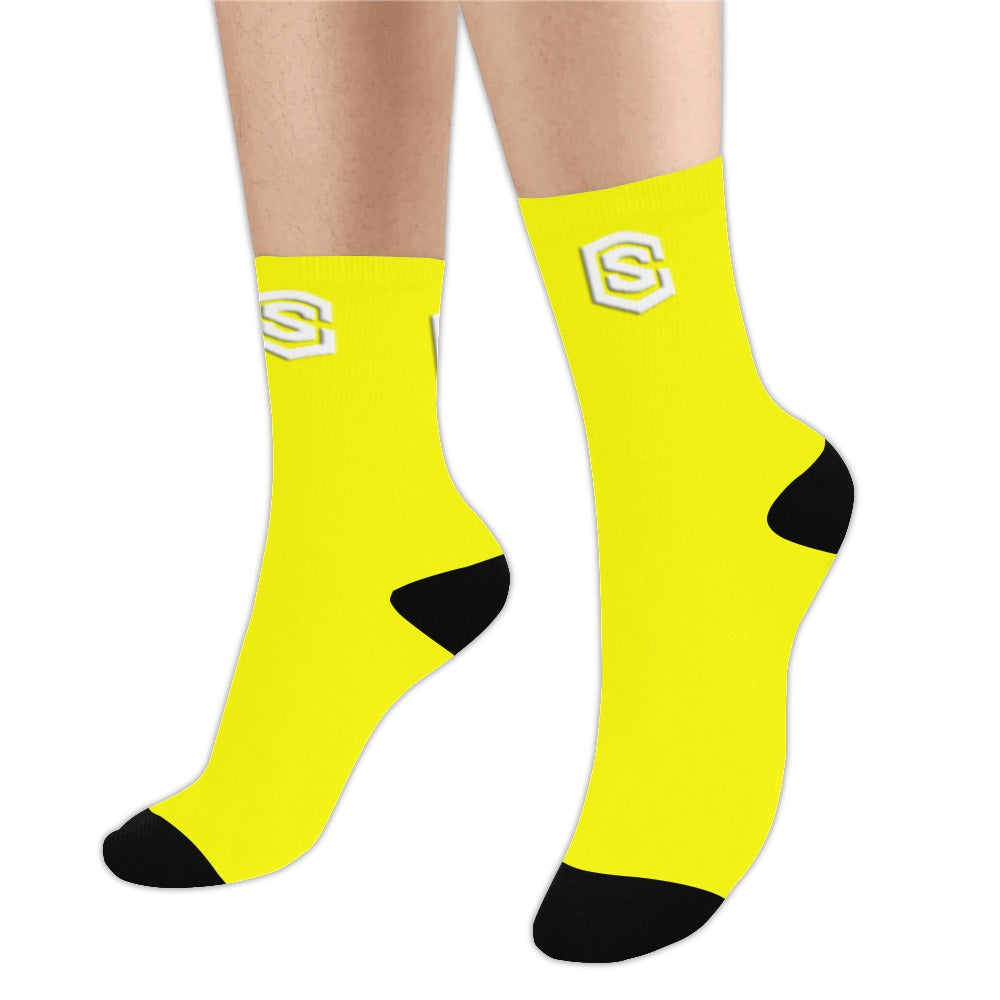 Yellow Sublimated Crew Socks (Made In USA) with White Logo Sublimated Crew Socks (Made In USA)