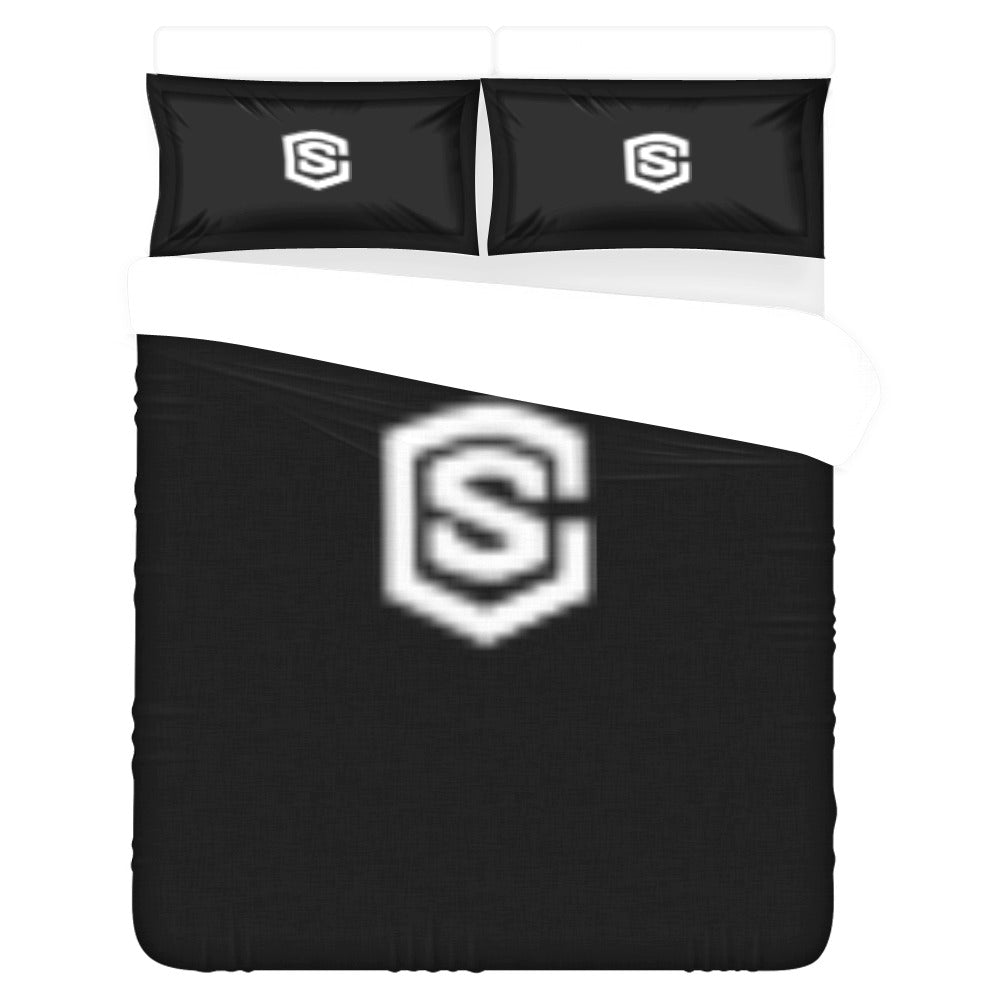 Black 3-Piece Bedding Set (1 Duvet Cover 86"x70"; 2 Pillowcases 20"x30")(One Side) wtih White Logo 3-Piece Bedding Set (1 Duvet Cover 86"x70"; 2 Pillowcases 20"x30")(One Side)