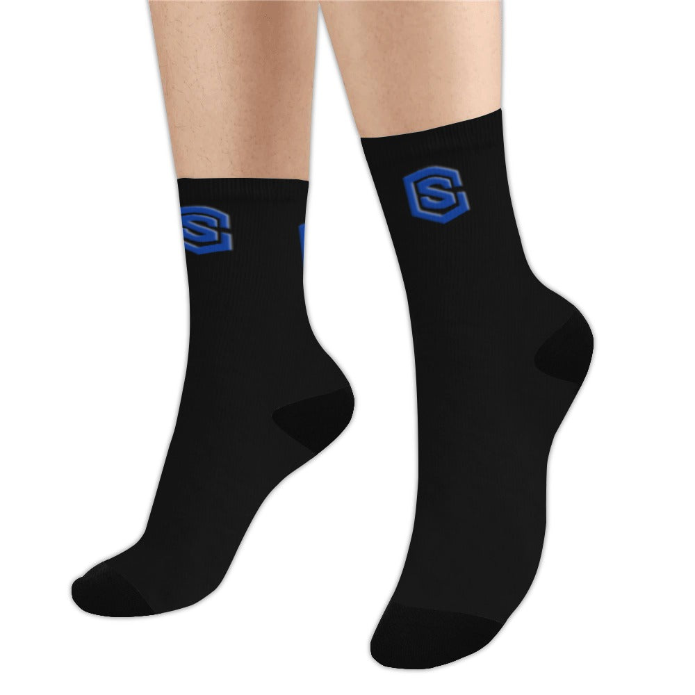 Black Sublimated Crew Socks (Made In USA) with Blue Logo Sublimated Crew Socks (Made In USA)