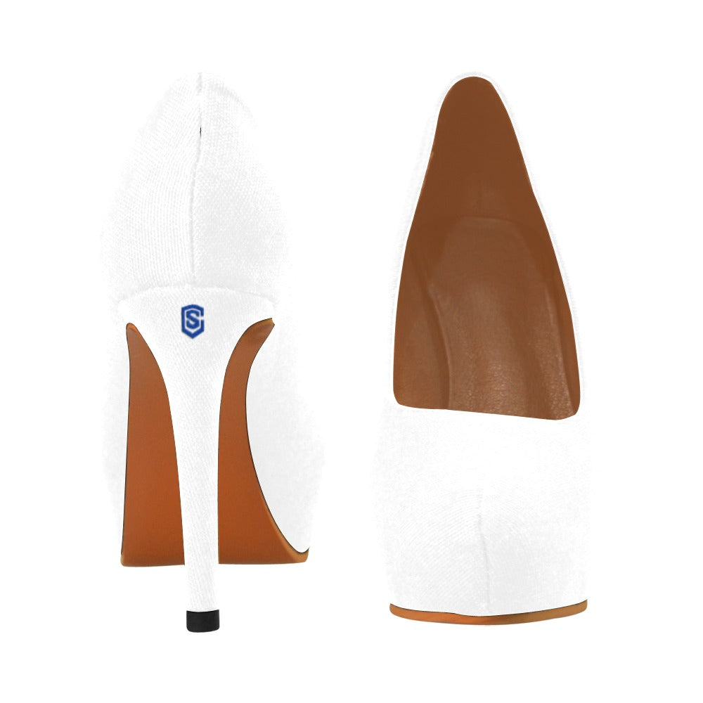 White Women's Pumps With Blue Logo Women's High Heels (Model 044)