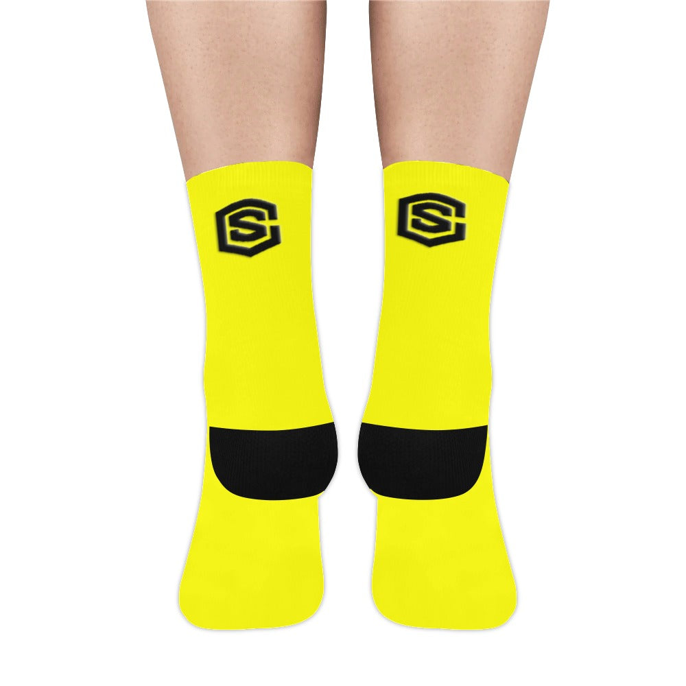 Yellow Sublimated Crew Socks (Made In USA) with Black Logo Sublimated Crew Socks (Made In USA)