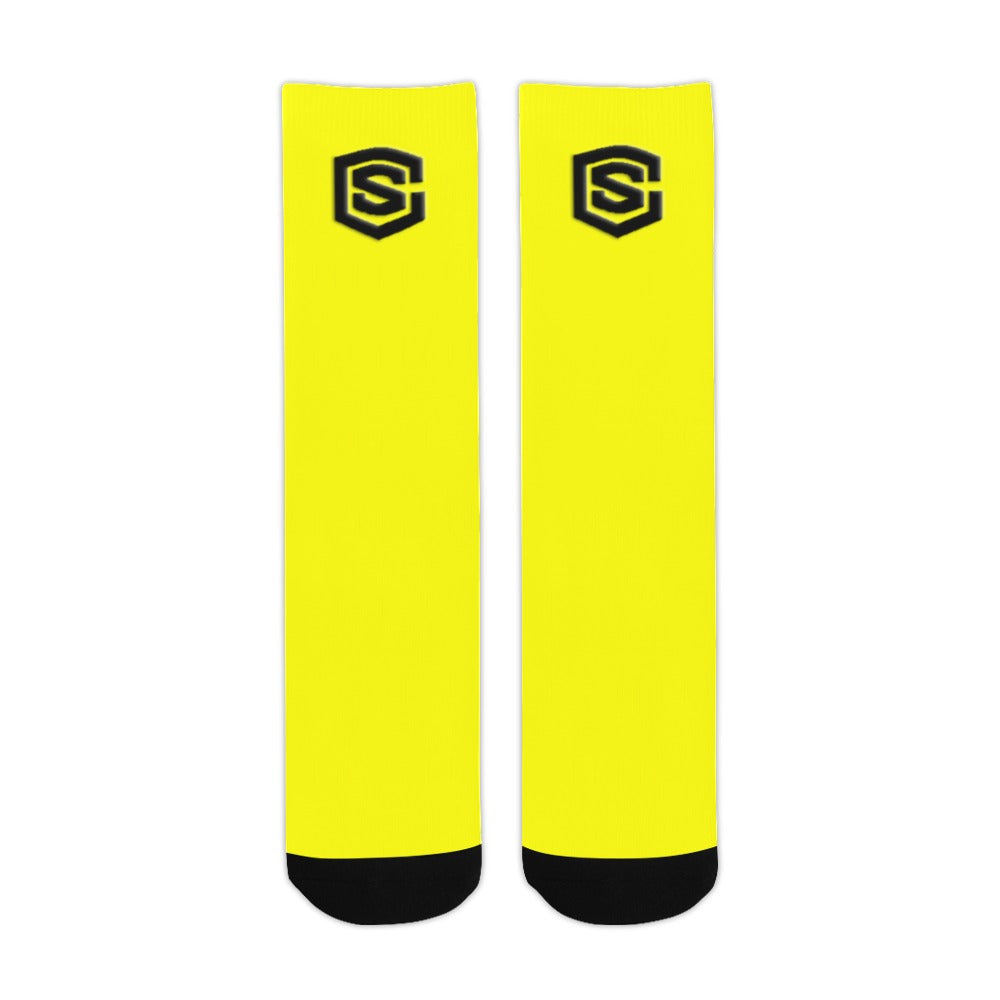 Yellow Sublimated Crew Socks (Made In USA) with Black Logo Sublimated Crew Socks (Made In USA)