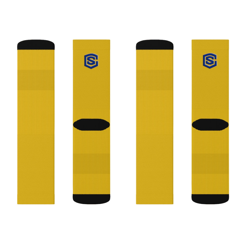 Yellow Sublimation Socks Blue Logo