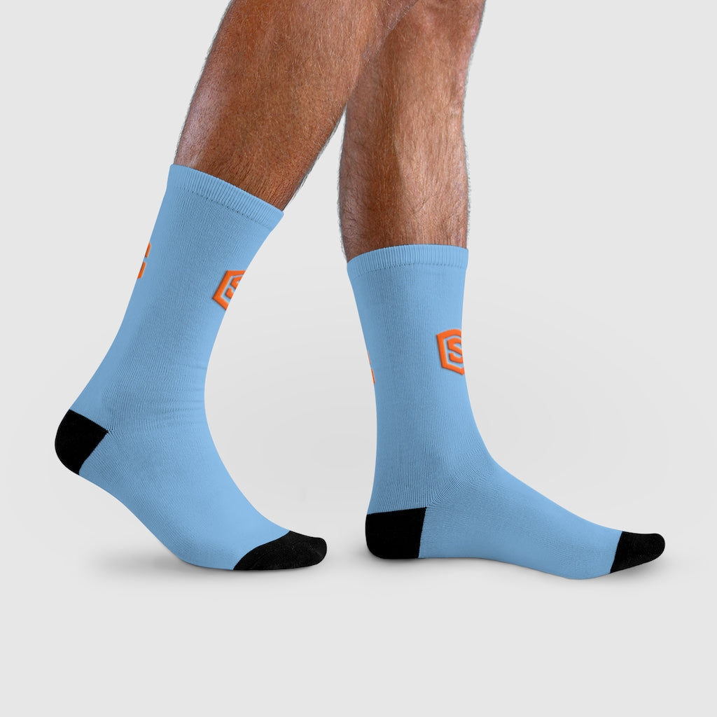 Blue Sublimation Crew Socks (EU) Orange Logo
