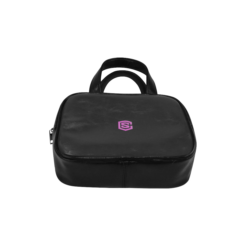 BLACK LEATHER TOP HANDLE HANDBAG pink logo Leather Top Handle Handbag (Model 1662)