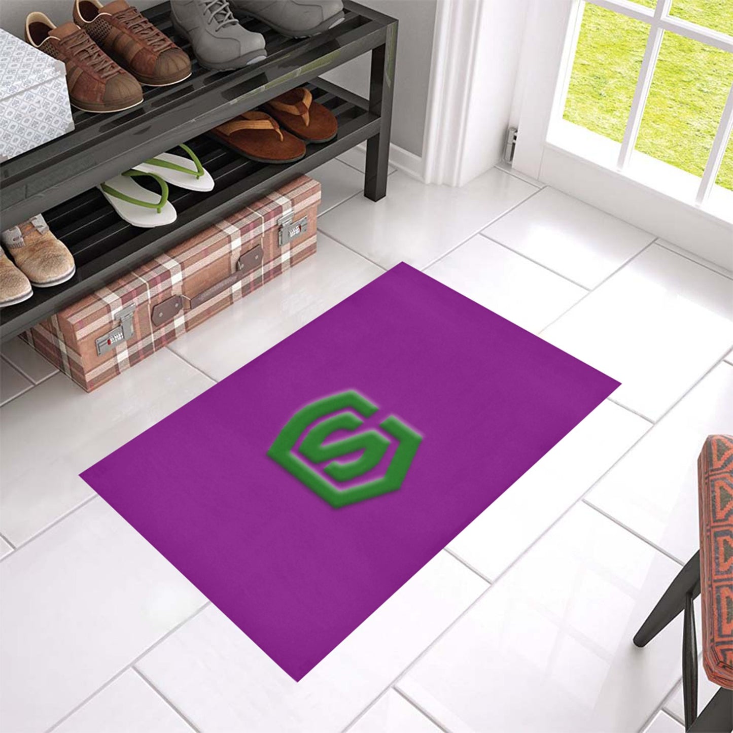 Purple Door Mat with Green Logo Doormat 24" x 16" (Sponge Material)