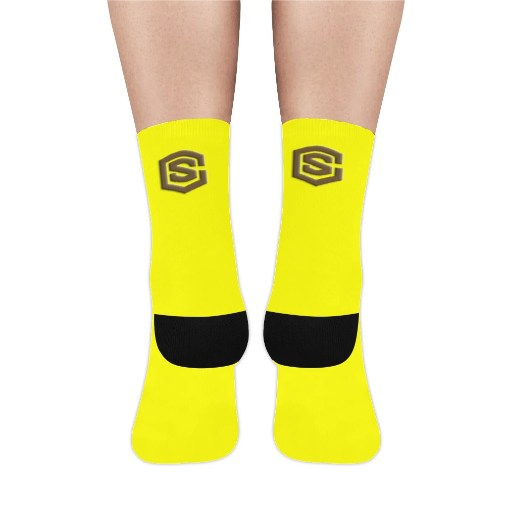 Yellow Sublimated Crew Socks (Made In USA) with Brown Logo Sublimated Crew Socks (Made In USA)