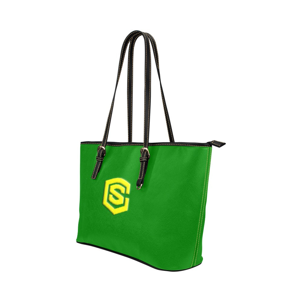 GREEN Leather Tote Bag WITH YELLOW LOGO Leather Tote Bag (Model 1651) (Big)