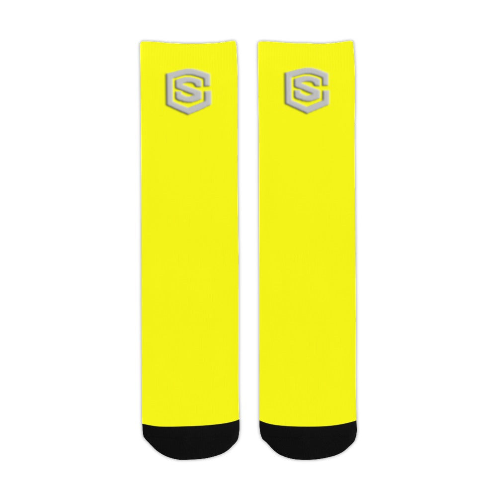Yellow Sublimated Crew Socks (Made In USA) with Silver Logo Sublimated Crew Socks (Made In USA)