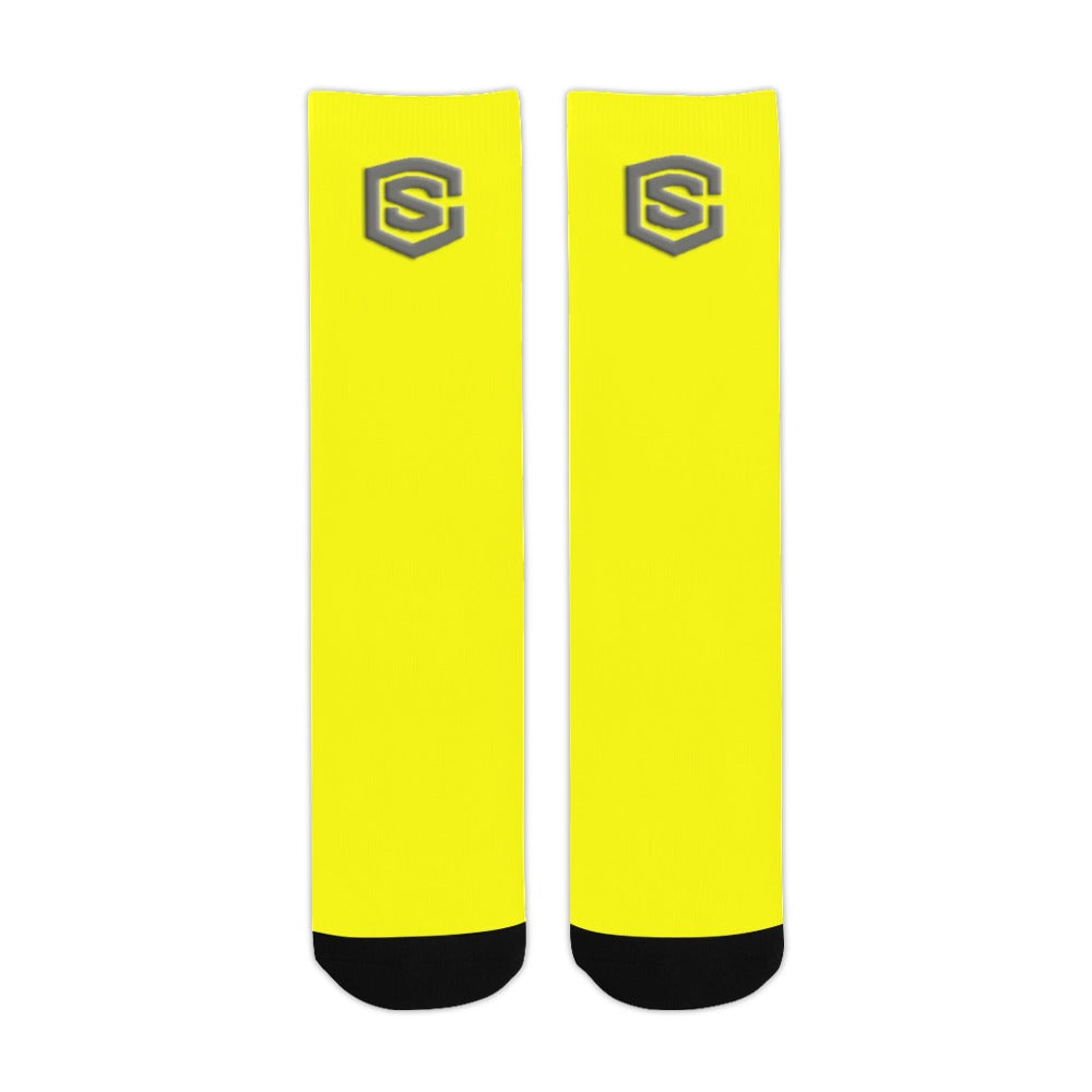 Yellow Sublimated Crew Socks (Made In USA) with Gray Logo Sublimated Crew Socks (Made In USA)