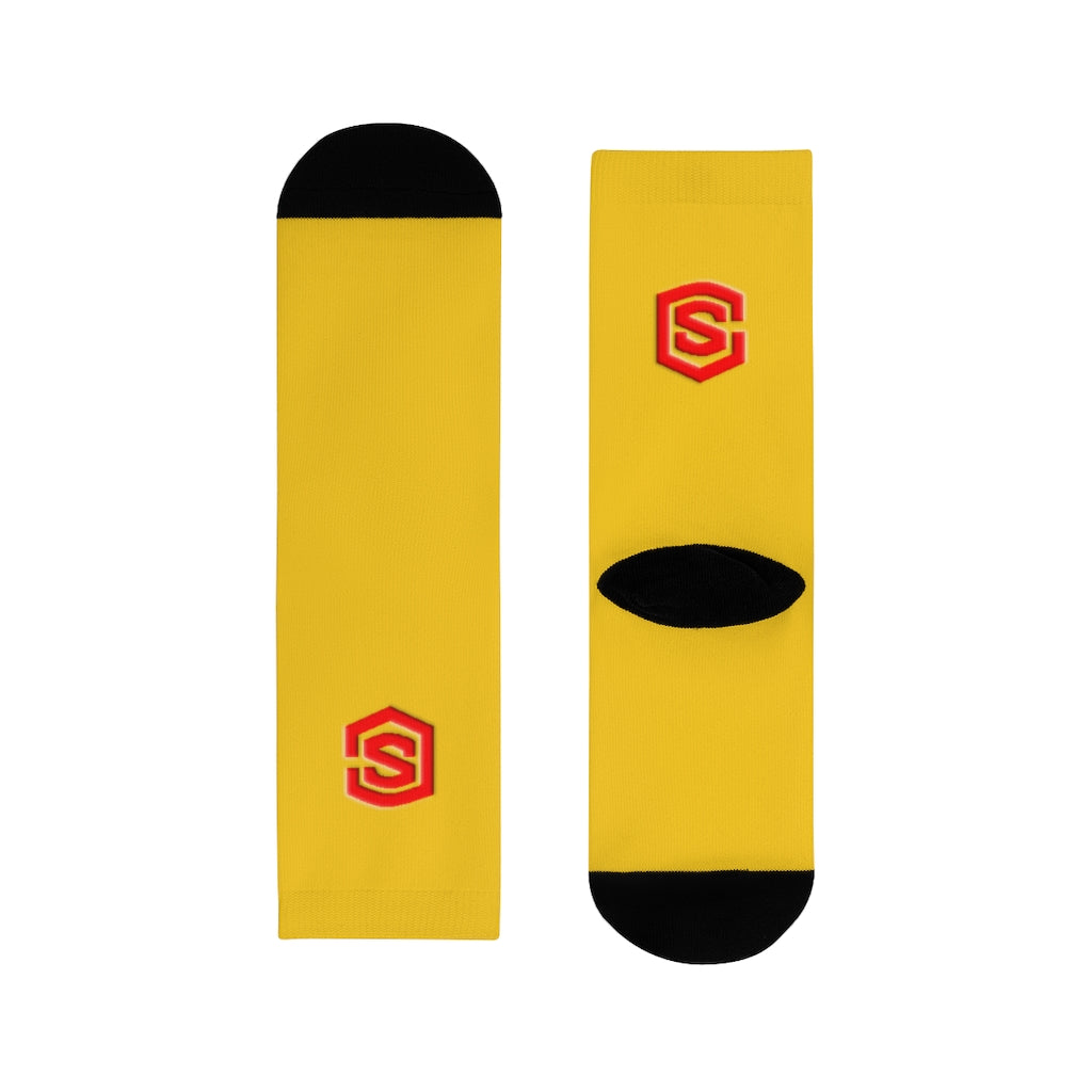 Yellow Sublimation Crew Socks (EU) Red Logo