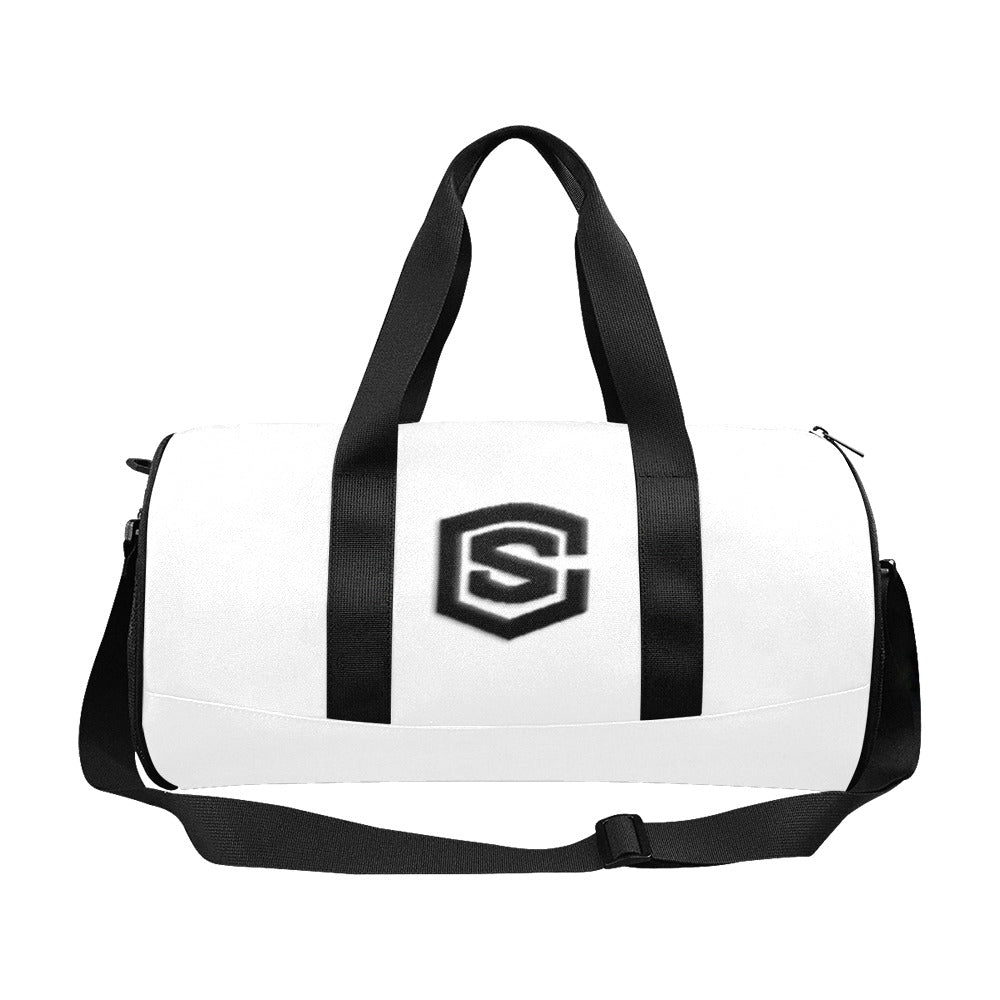 WHITE TRAVEL BAG WITH BLACK LOGO Travel Duffel Bags (Model 1679)