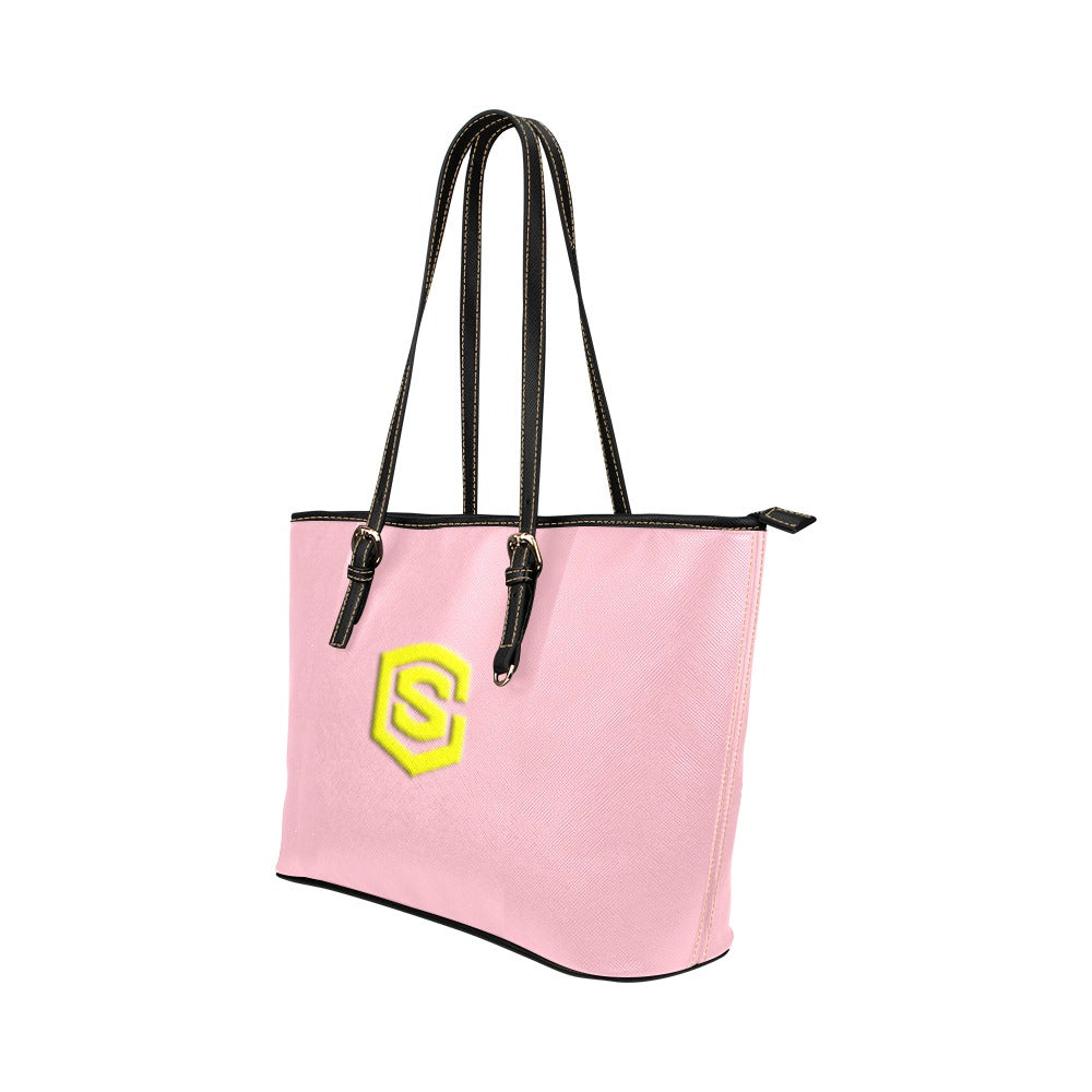 PINK Leather Tote Bag WITH YELLOW LOGO Leather Tote Bag (Model 1651) (Big)