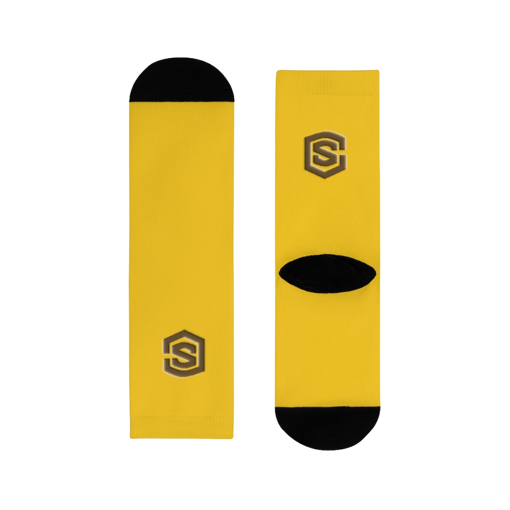 Yellow Sublimation Crew Socks (EU) Brown Logo