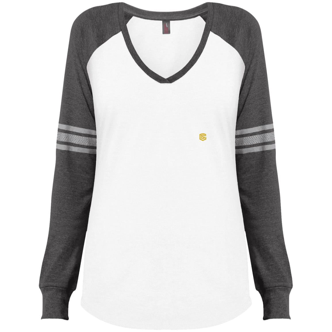 Illustrator Gold Logo DM477 Ladies' Game LS V-Neck T-Shirt