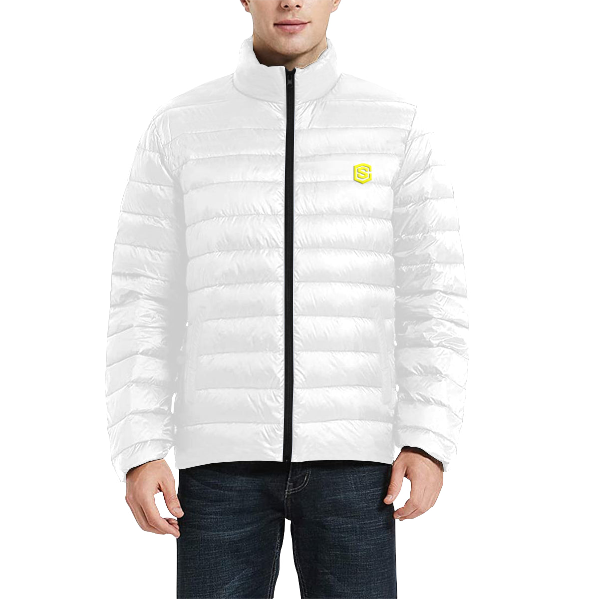 Yellow Logo Men's Stand Collar Padded Jacket (Model H41)