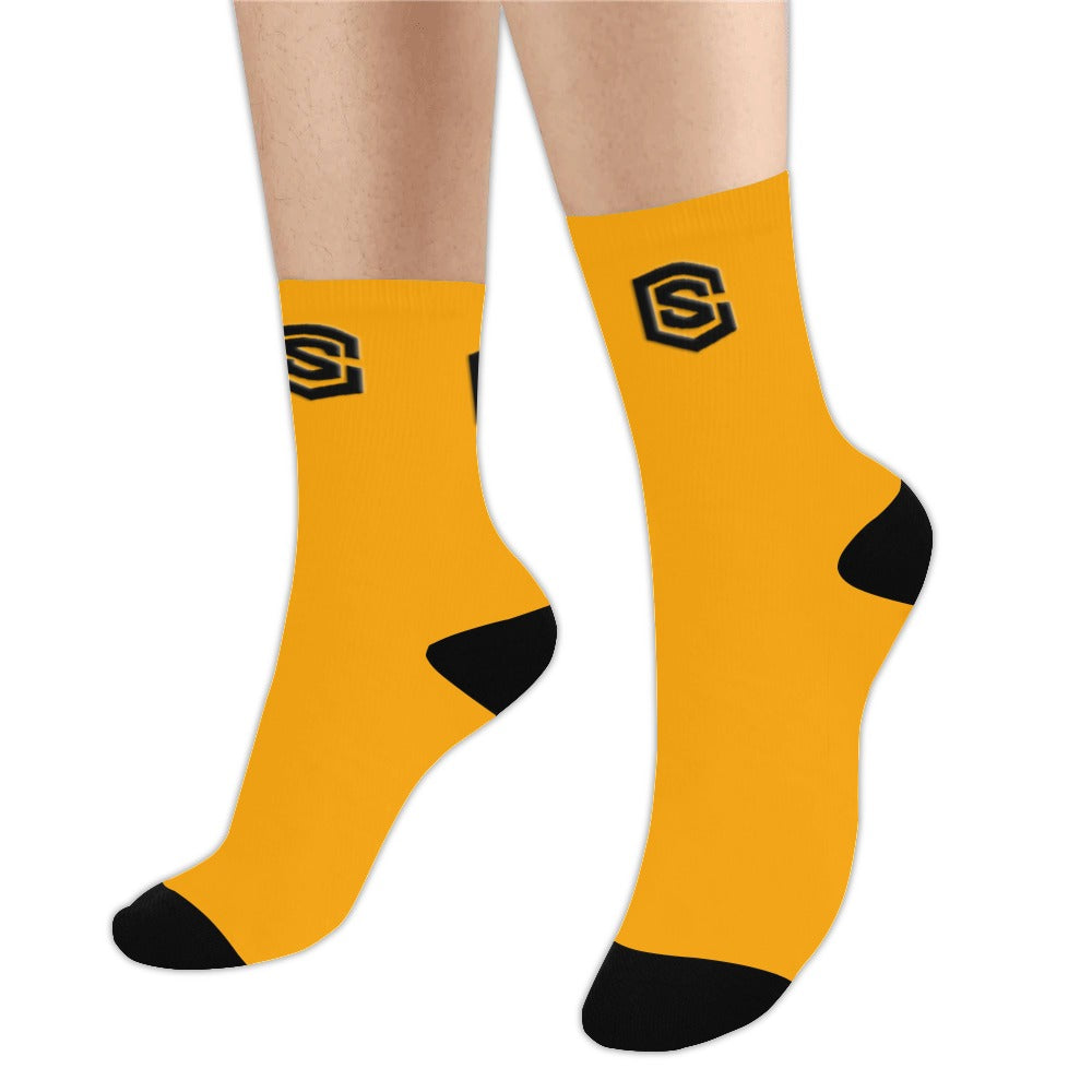 Orange Sublimated Crew Socks (Made In USA) with Black Logo Sublimated Crew Socks (Made In USA)