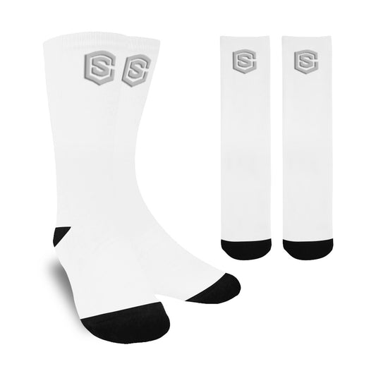White Sublimated Crew Socks (Made In USA) with Silver Logo Sublimated Crew Socks (Made In USA)