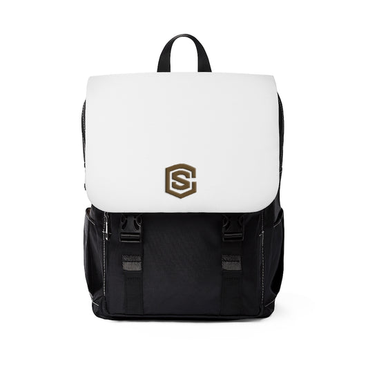 White Unisex Casual Shoulder Backpack Brown logo