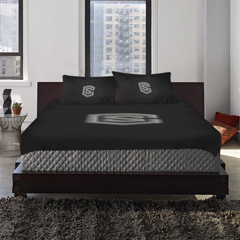 Black 3-Piece Bedding Set (1 Duvet Cover 86"x70"; 2 Pillowcases 20"x30")(One Side) wtih Gray Logo 3-Piece Bedding Set (1 Duvet Cover 86"x70"; 2 Pillowcases 20"x30")(One Side)