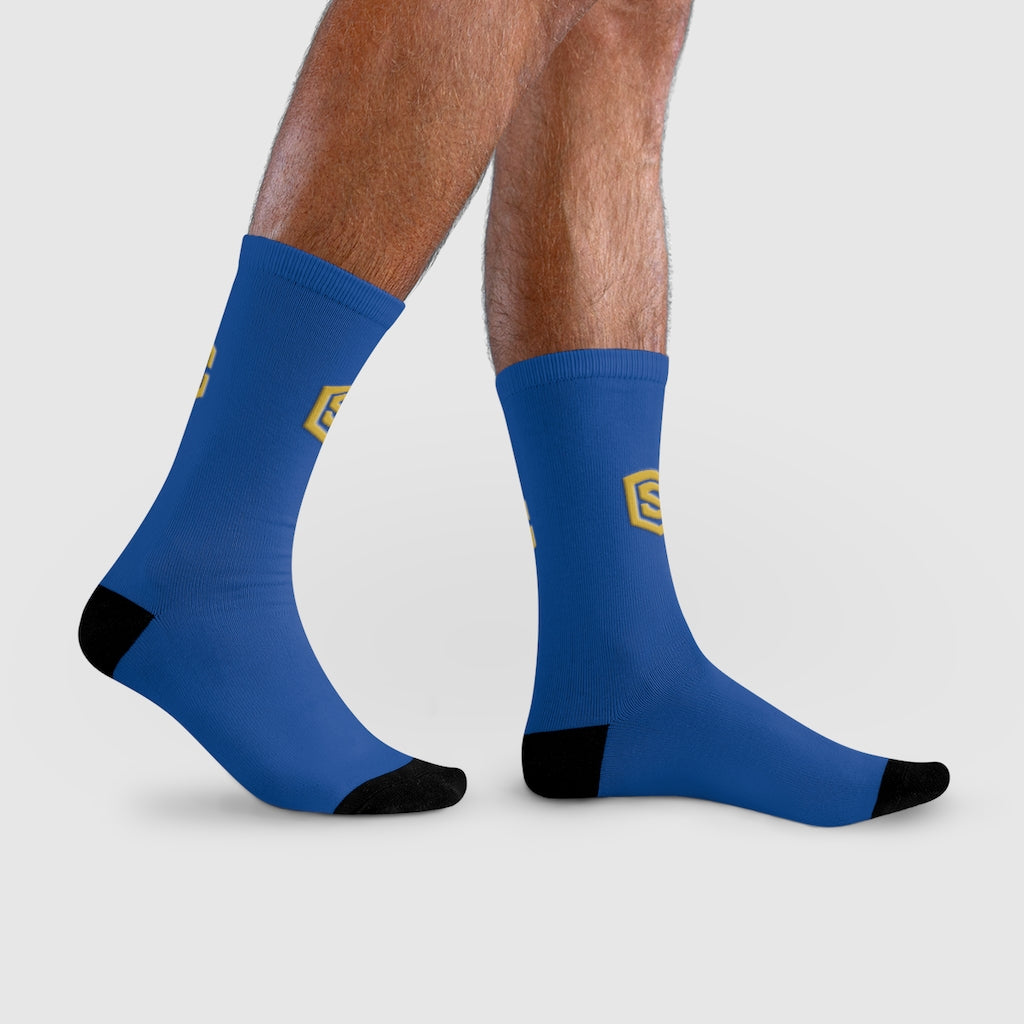 Blue Sublimation Crew Socks (EU) Gold Logo