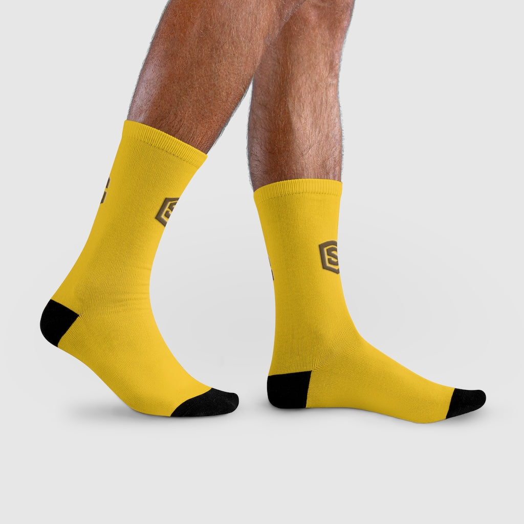 Yellow Sublimation Crew Socks (EU) Brown Logo
