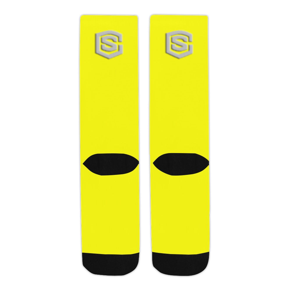 Yellow Sublimated Crew Socks (Made In USA) with Silver Logo Sublimated Crew Socks (Made In USA)