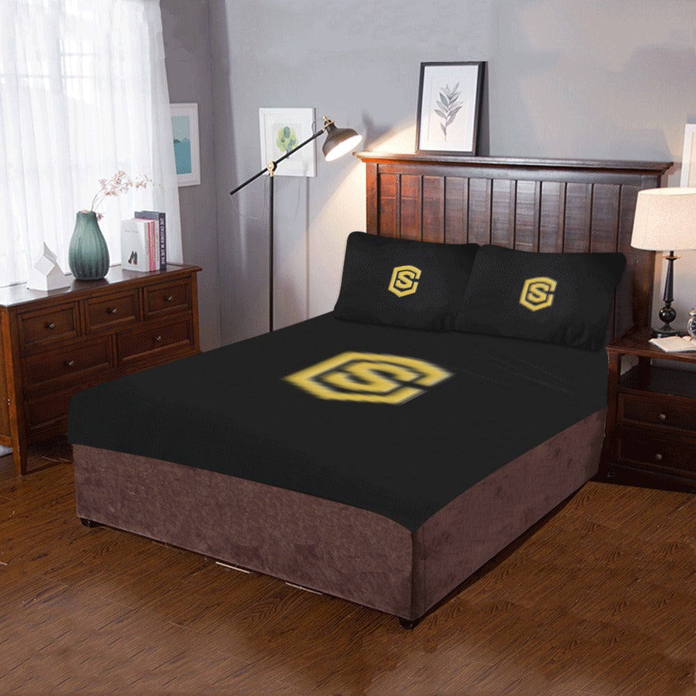 Black 3-Piece Bedding Set (1 Duvet Cover 86"x70"; 2 Pillowcases 20"x30")(One Side) wtih Gold Logo 3-Piece Bedding Set (1 Duvet Cover 86"x70"; 2 Pillowcases 20"x30")(One Side)
