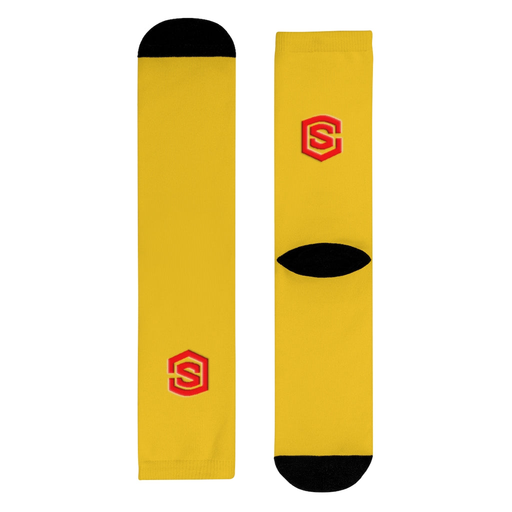 Yellow Sublimation Crew Socks (EU) Red Logo