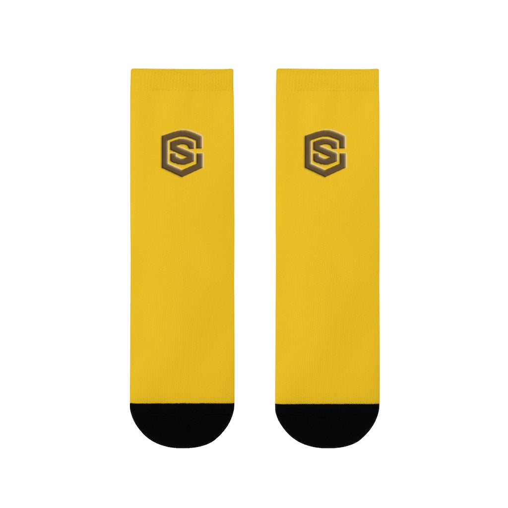 Yellow Sublimation Crew Socks (EU) Brown Logo