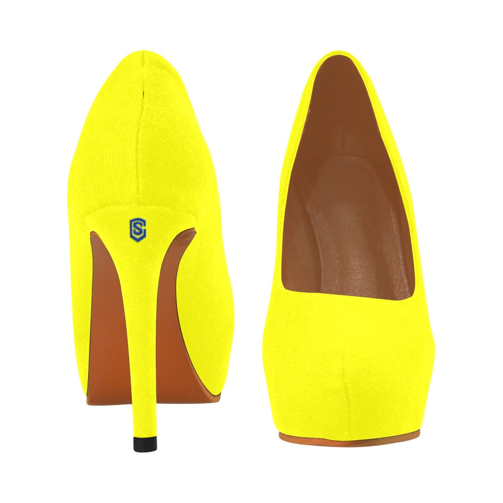 Yellow Women's Pumps With Blue Logo Women's High Heels (Model 044)