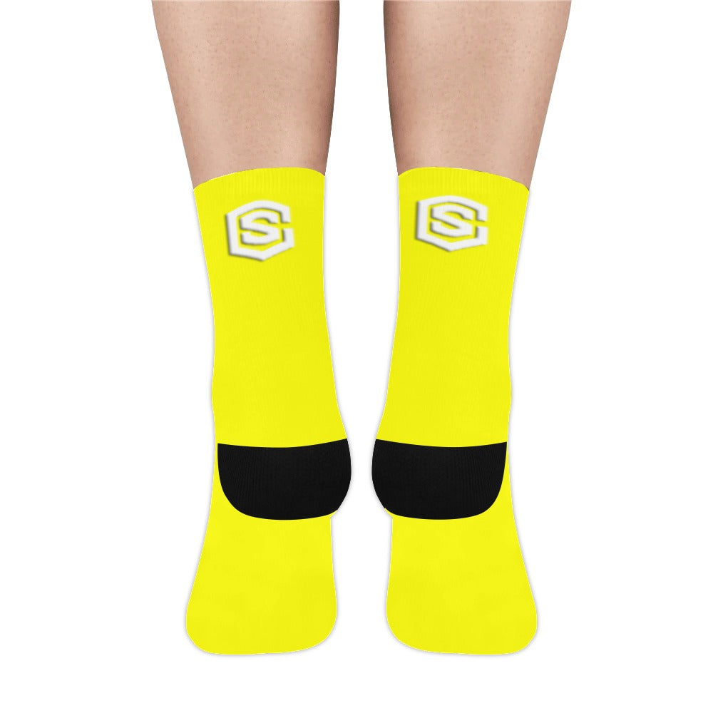 Yellow Sublimated Crew Socks (Made In USA) with White Logo Sublimated Crew Socks (Made In USA)