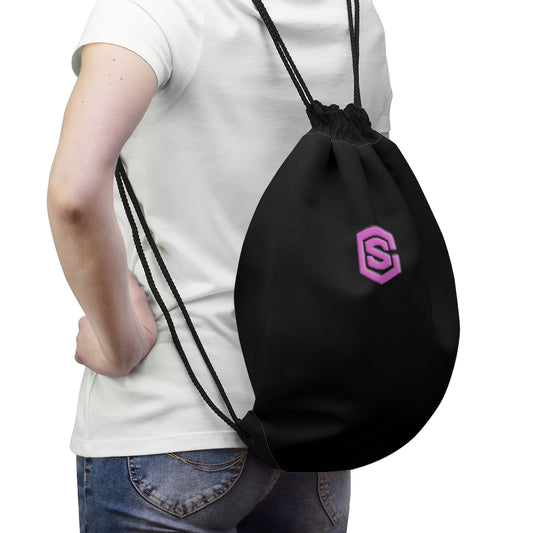 Black Drawstring Bag Pink logo