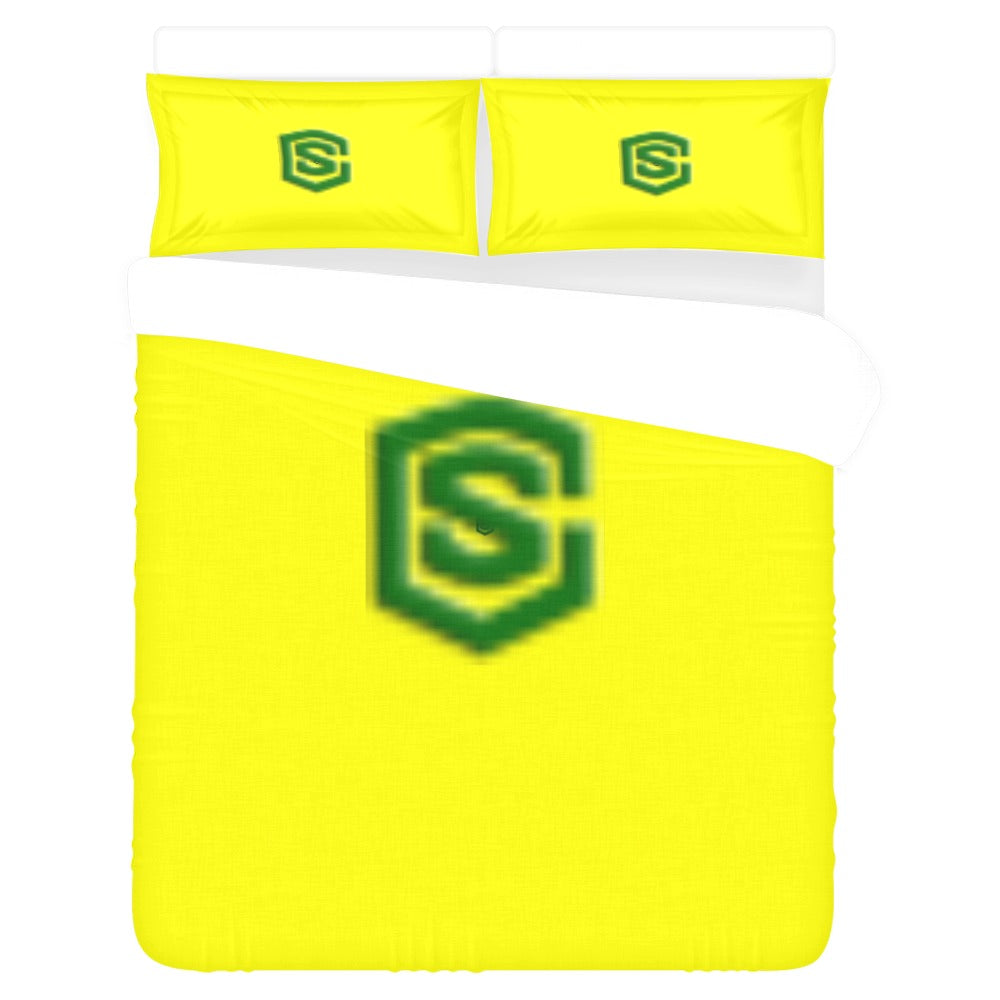 Yellow 3-Piece Bedding Set (1 Duvet Cover 86"x70"; 2 Pillowcases 20"x30")(One Side) wtih Green Logo 3-Piece Bedding Set (1 Duvet Cover 86"x70"; 2 Pillowcases 20"x30")(One Side)