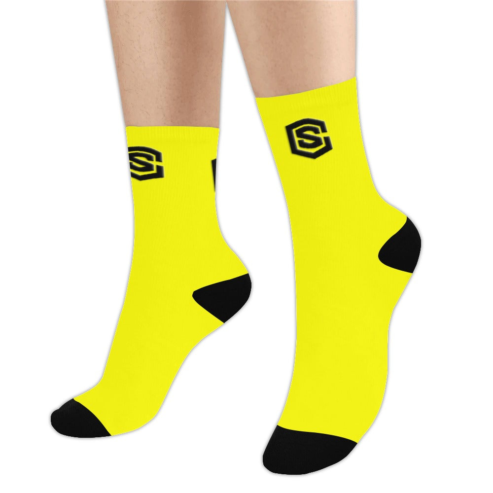 Yellow Sublimated Crew Socks (Made In USA) with Black Logo Sublimated Crew Socks (Made In USA)