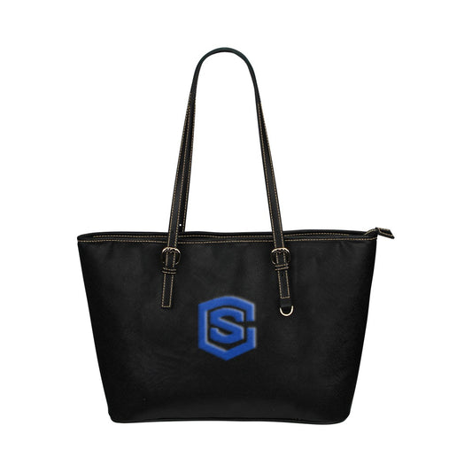 BLACK Leather Tote Bag WITH BLUE LOGO Leather Tote Bag (Model 1651) (Big)