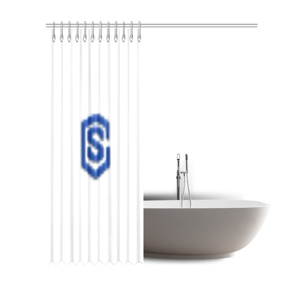 White Shower Curtain 69"x84" with Blue Logo Shower Curtain 69"x84"