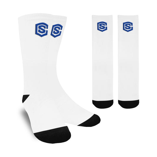 White Sublimated Crew Socks (Made In USA) with Blue Logo Sublimated Crew Socks (Made In USA)