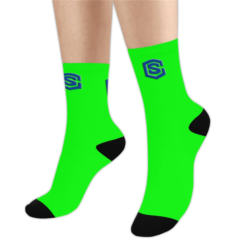 Green Sublimated Crew Socks (Made In USA) with Blue Logo Sublimated Crew Socks (Made In USA)